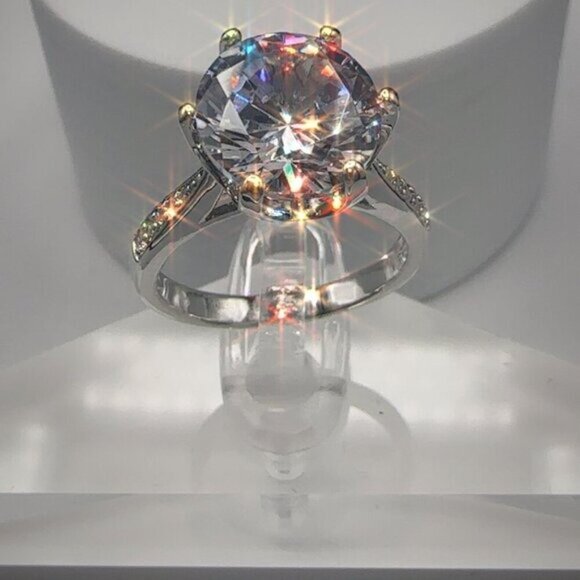 Round Cut Simulated Diamond Engagement Ring With Pave Band In Silver Tone 4CT - Picture 1 of 9